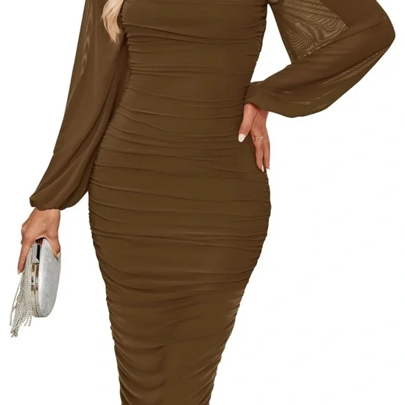 Elegant Brown One-Shoulder Dress - Picture 2 of 4